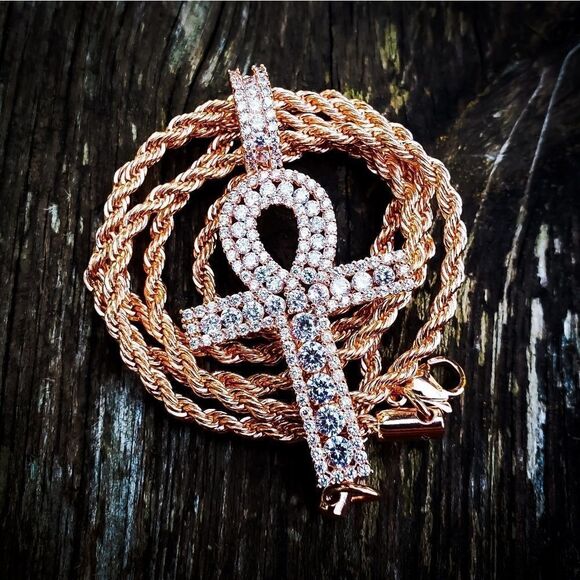 Rose Gold Channel Set Ankh Necklace - Picture 2 of 5
